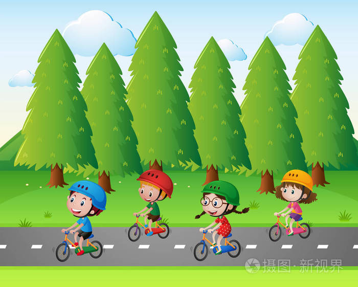 园内景观与骑自行车的孩子们