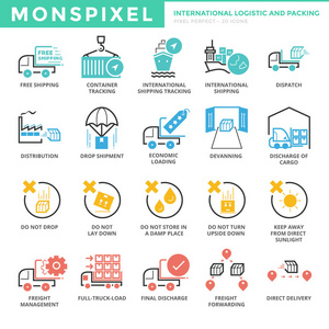 扁薄线图标集国际物流和包装图片
