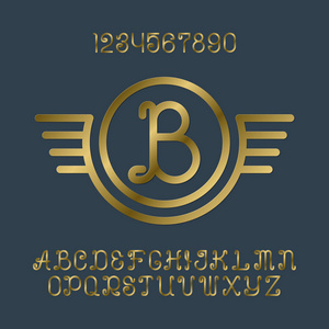 美丽的金色卷曲字母和数字初始会标有翼的框架中。标志设计的时尚字体工具包