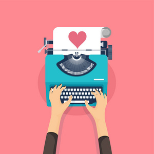 矢量图。平坦的背景与打字机。爱的心。情人节那天。当我的情人。2 月 14 日