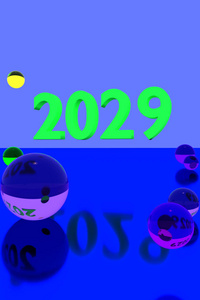 彩色玻璃球上反光的表面和 2029 年