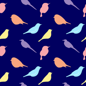无缝模式与鸟类的剪影。浪漫的背景，在蓝色的蜡笔颜色