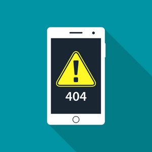 404 错误页面未找到带有感叹号的智能手机屏幕上.矢量照片