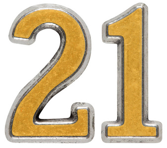 二值金属数字 21,二十一岁,在白色背景上孤立照片