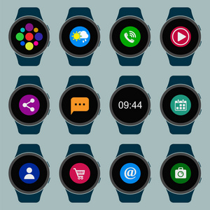 智能手表集。与应用程序的可穿戴智能手表。矢量