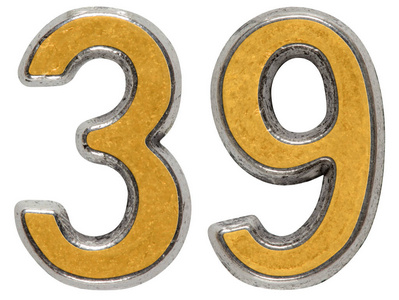 金属数字 39,第三十九,在白色背景上孤立照片