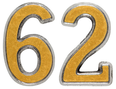 金属数字 62,六十二,白色背景上孤立照片
