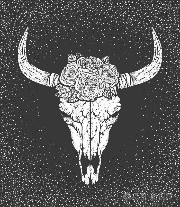 牛头骨与玫瑰美国本地人部落风格.纹身 blackwork.矢量手绘制的插图.