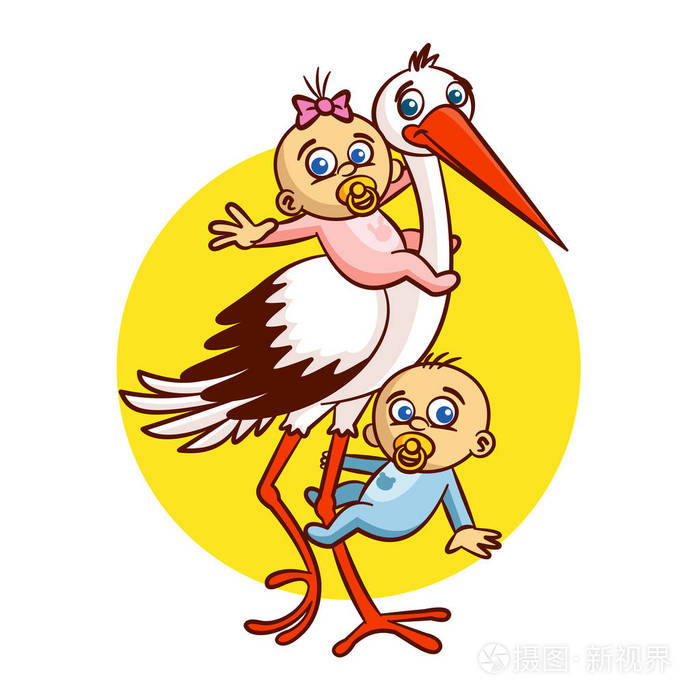 鹳与婴儿男孩和女孩贴纸插画-正版商用图片0waar2-摄图新视界
