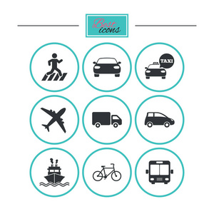 交通工具图标。汽车 自行车 公共汽车和出租车的迹象