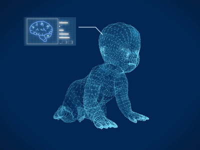 线架模型的婴儿与蓝色 screen.3d 渲染图形研究