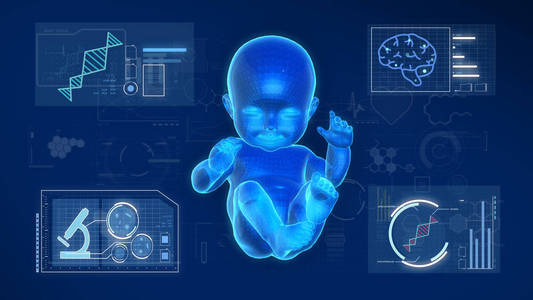 线架模型的婴儿与蓝色 screen.3d 渲染图形研究