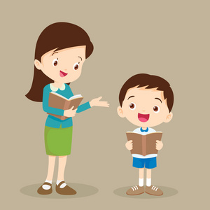 女老师辅导学生阅读插画