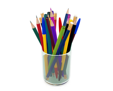 组的钢笔，铅笔，蜡笔在透明的玻璃，文具元素