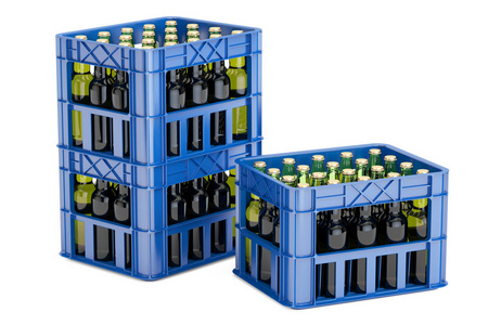 塑料周转箱的啤酒瓶,3d 渲染照片