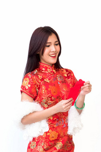 与红色口袋显示惊喜的脸 expr 微笑的中国女人