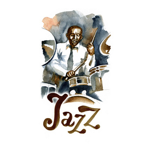 水彩的爵士乐队的鼓手.富有创意的人照片