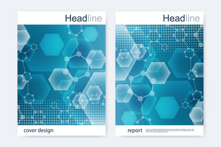 科学的宣传册设计模板。矢量海报布局 分子结构与连接的线和点。科学模式原子 Dna 与杂志 传单 封面 海报设计元素
