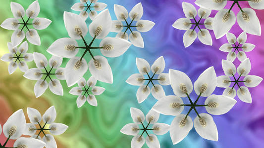 彩虹色的模糊背景上的白花。明亮的花卉组成。卡的假期