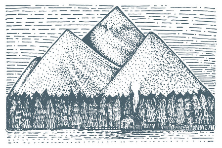 房子和森林山刻，木刻底板风格，复古绘制手绘矢量图