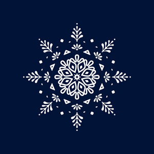 蓝色背景上孤立的雪花冬天。白色图标的轮廓。圣诞节设计的矢量图。新的一年的标志。喜庆的象征