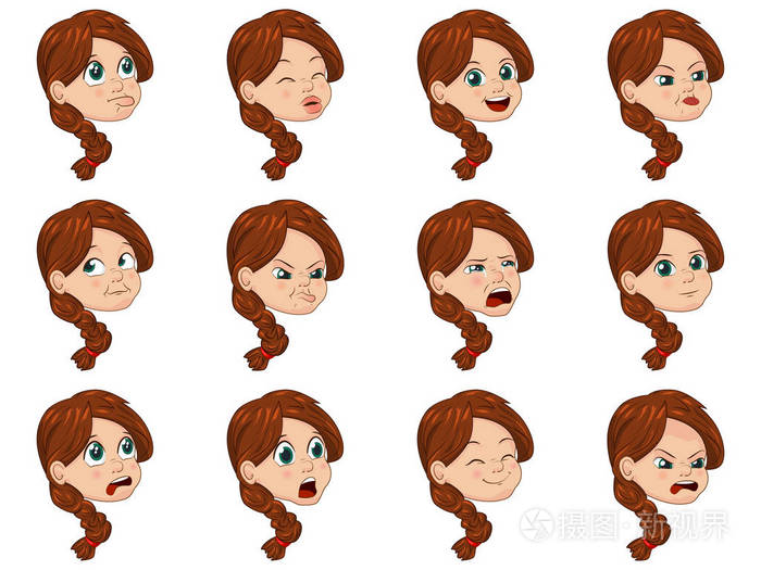 大的矢量图设置的可爱小女孩面孔表现出不同的情绪插画-正版商用图片