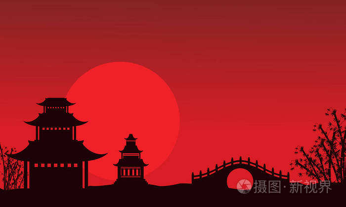 亭子和桥中国主题的剪影