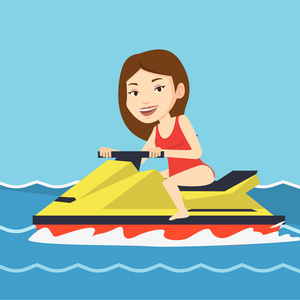 白种女人在摩托艇在海上的训练