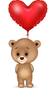 卡通小熊拿着红色的心形气球