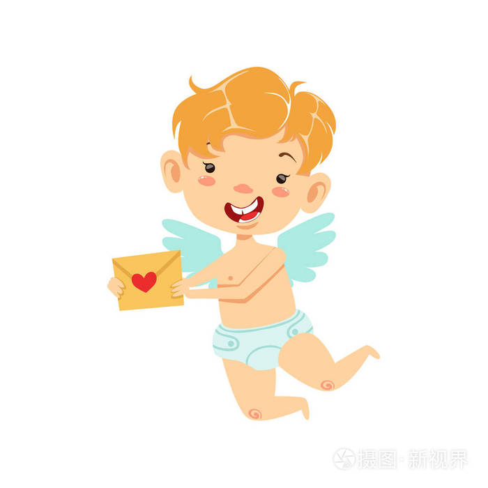 男孩婴儿丘比特送情书,翅蹒跚学步的尿布可爱爱象征卡通人物
