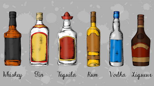 酒精集 威士忌 杜松子酒，龙舌兰酒 朗姆酒 伏特加酒 利口酒。素描风格复古插画