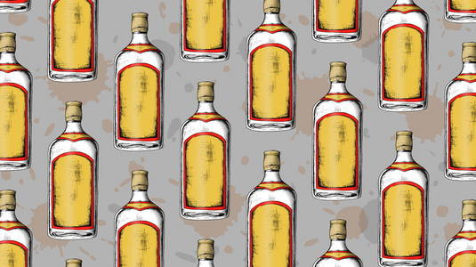 矢量手绘制的插图的瓶杜松子酒。老式的模式