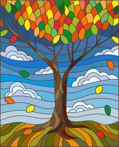 在彩色玻璃风格与秋天一棵树上天空背景图照片