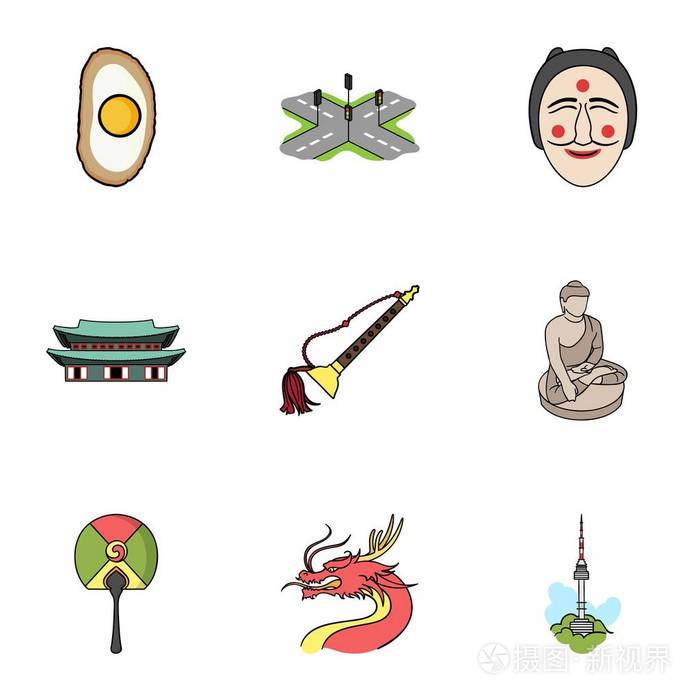韩国卡通风格设置图标.韩国矢量符号股票插画的大集合插画-正版商用图