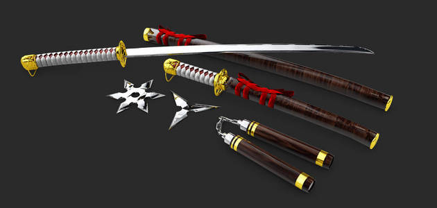 日本武士设置独立的武器.3d 图照片