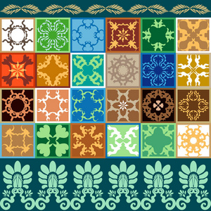 上釉陶瓷套。与花卉和几何图案的多彩复古瓷砖