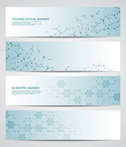 现代科学横幅的设置。分子结构 Dna 和神经元。抽象背景。医学 科学 技术 业务 网站模板。可缩放矢量图形