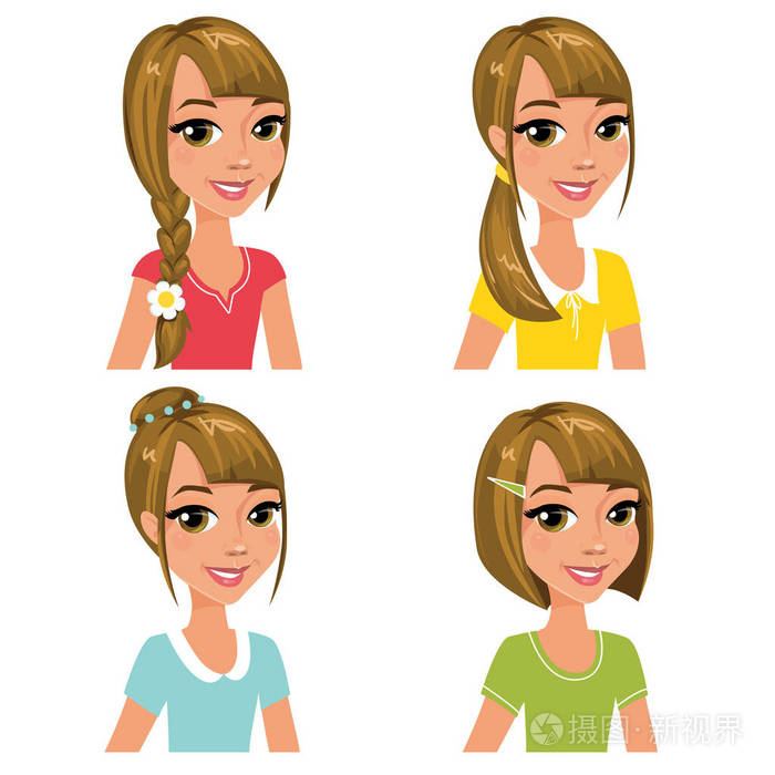 快乐女孩肖像集.矢量图的美丽微笑的少年,与不同的发型和衣服