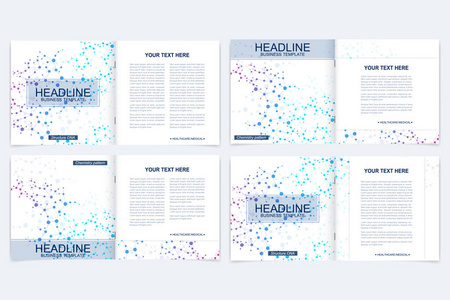 方形宣传册的模板。单张封面演示文稿。商业，科学，技术设计书布局。科学分子背景