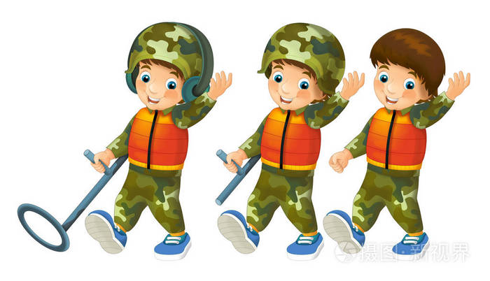 与孩子们装扮成士兵玩和乐趣-儿童插画卡通场景