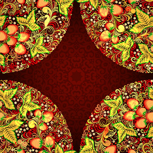 与传统俄罗斯国家绘画中 Khokhloma 风格鲜花，元素装饰卡浆果和树叶。尼斯详细的装饰 设计元素 矢量图形