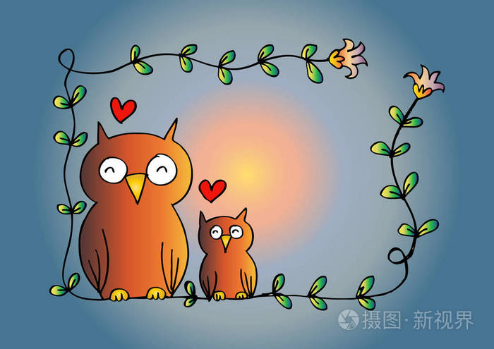 妈妈与她的猫头鹰在树枝上粗略的风格