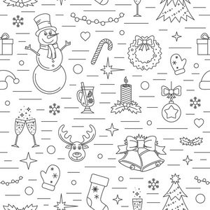 圣诞节庆祝活动模式。许多新年 圣诞节和冬季符号在白色背景上。线条样式矢量插图