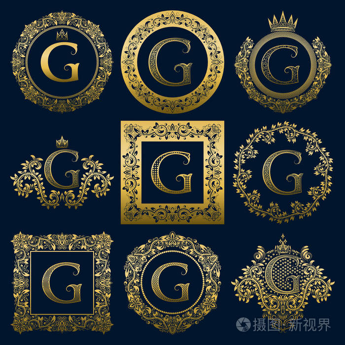 复古听筒设置的 G 字母。在花圈金色纹章徽标 圆形和方形框架