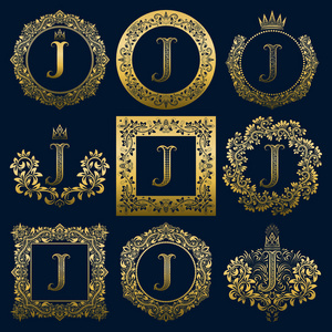 复古听筒套 J 字母。在花圈金色纹章徽标 圆形和方形框架