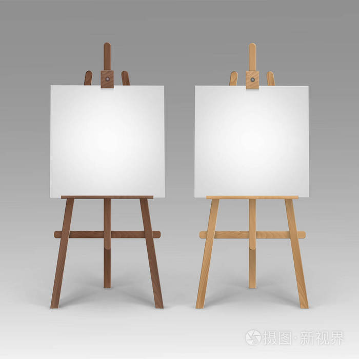 向量集的木制棕色西耶娜61画架与模拟了空白正方形画布背景上孤立