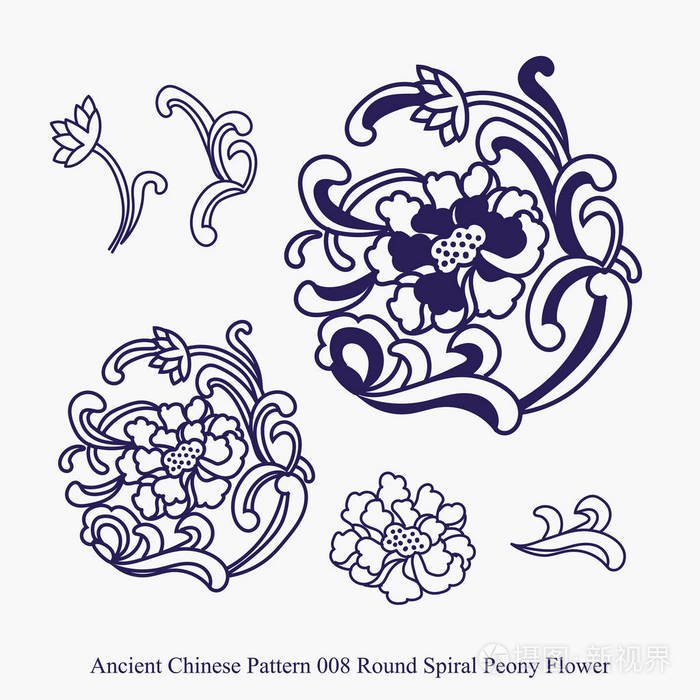 古代中国图案的圆形螺旋牡丹花