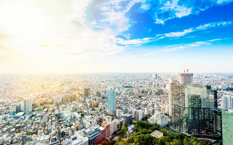 商业和文化概念   现代城市全景的天际线空中鸟瞰戏剧性太阳和早上下蓝色多云的天空，在东京，日本