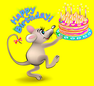 与小老鼠拿着一个蛋糕生日贺卡拿着一束气球生日快乐小丑年轻漂亮金发