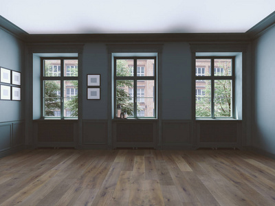 与 windows 和实木复合地板的空房间。3d 渲染